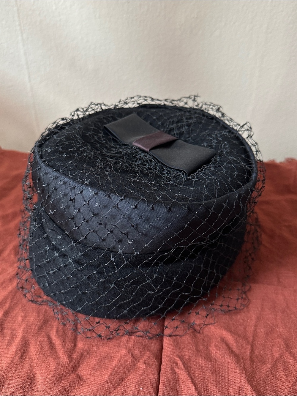 Vintage 100% Wool Black Pill Box Hat with Fishnet Netting and Satin Bow
